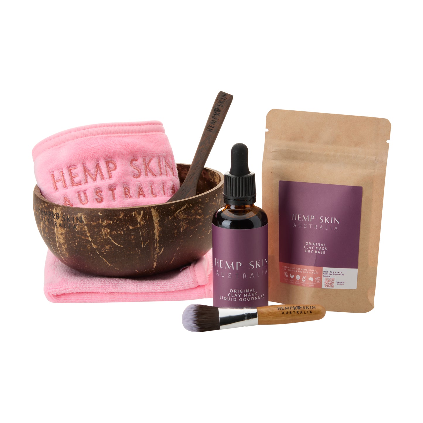 Hemp Skin Australia Clay Mask kit including a coconut bowl, towel, bottle, and packaging on a white background.