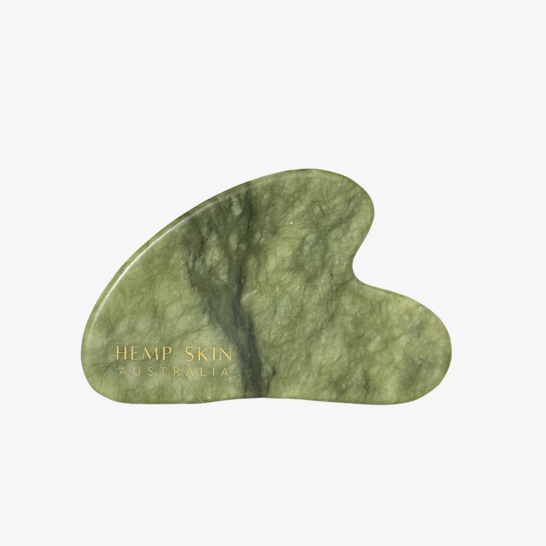 Jade Gua Sha from Hemp Skin Australia, designed for lymphatic drainage and reducing puffiness.
