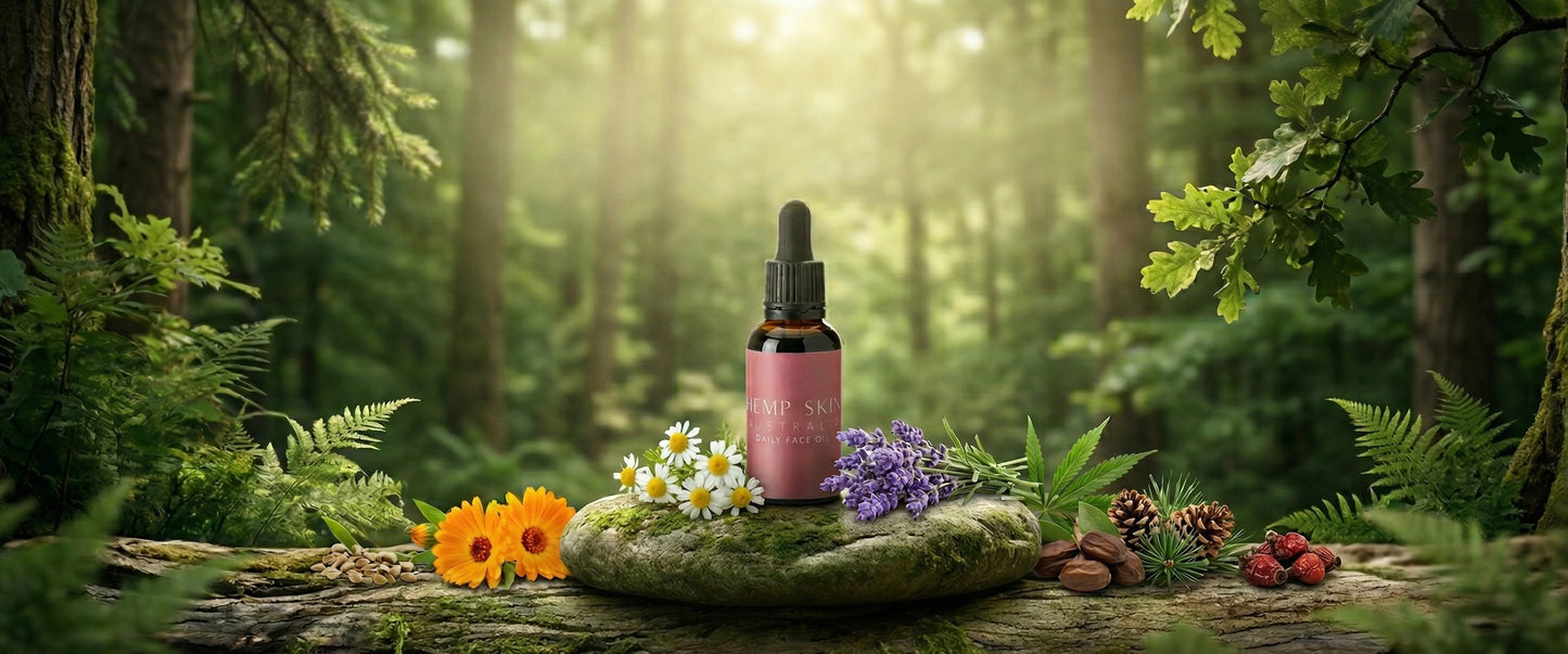 Bottle of pink Daily Face Oil with dropper on a rock in a forest setting