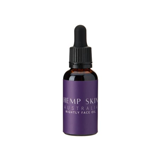 Purple bottle of Hemp Skin Australia nightly face oil on a white background