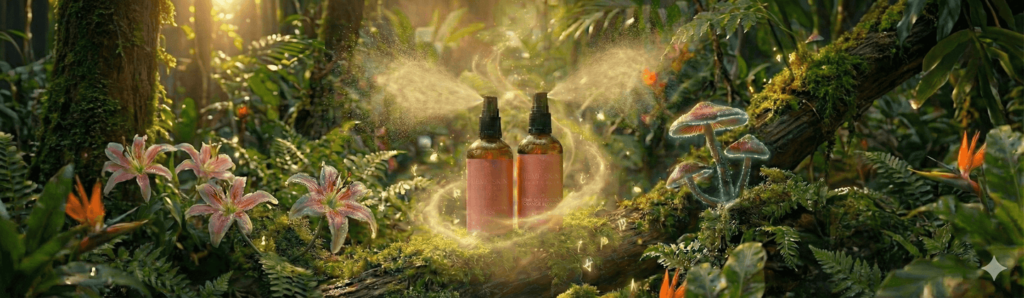 Two bottles of Hydrating Essence in rose and orange blossom in a mystical forest setting with flowers and glowing lights.