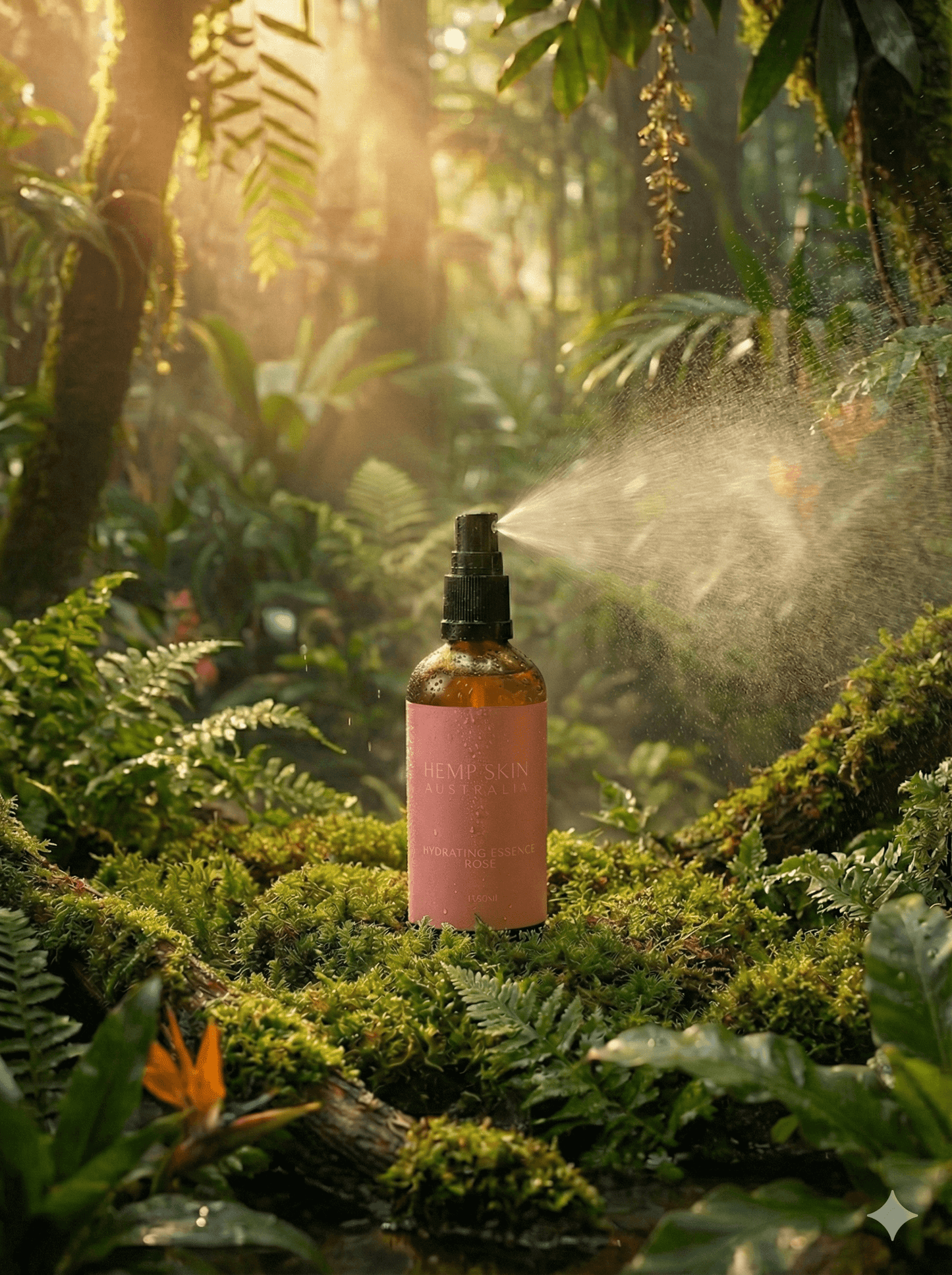 Pink bottle of Hydrating Essence with black cap in a lush green forest
