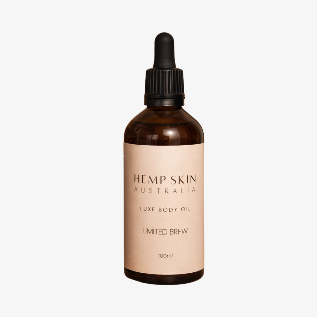 Limited Brew Luxe Body Oil bottle from Hemp Skin Australia, a luxury body oil for nourishing and restoring skin.