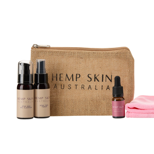 Hemp Skin Australia skincare product set with bottles and a pouch on a white background (Oil Cleanser, Rose Toner, Daily Face OIl)
