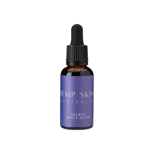 Bottle of Hemp Skin Australia Sacred Scalp Elixir on a white background